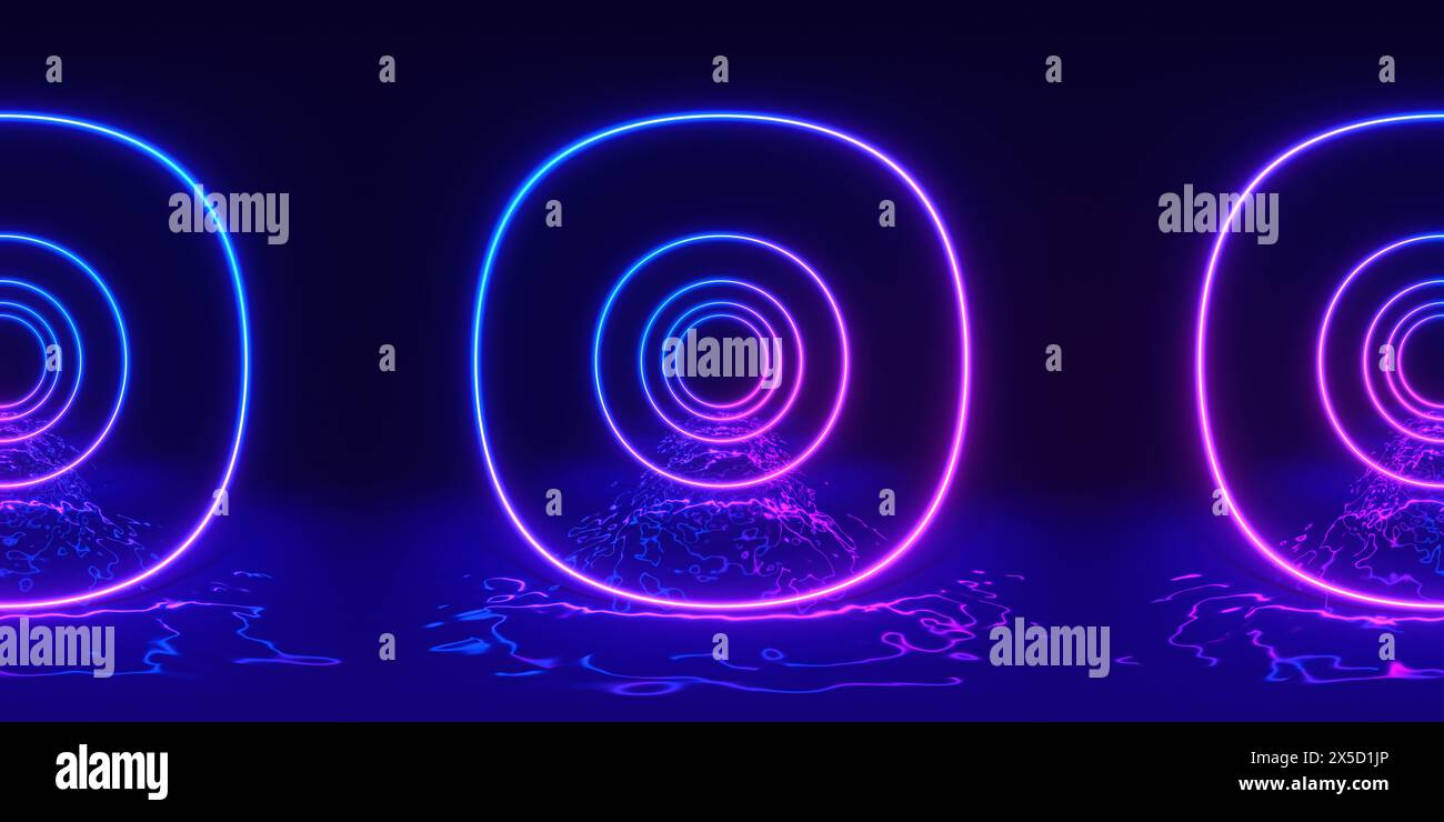 HDRI. Linee al neon brillanti. Panorama sferico completo a 360 gradi. Riflessi a terra, luci, sfondo retrò astratto vintage, ultravioletti, spettro Foto Stock