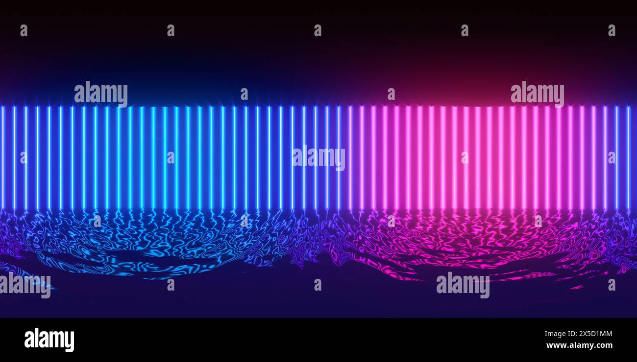 HDRI. Linee al neon brillanti. Panorama sferico completo a 360 gradi. Riflessi a terra, luci, sfondo retrò astratto vintage, ultravioletti, spettro Foto Stock