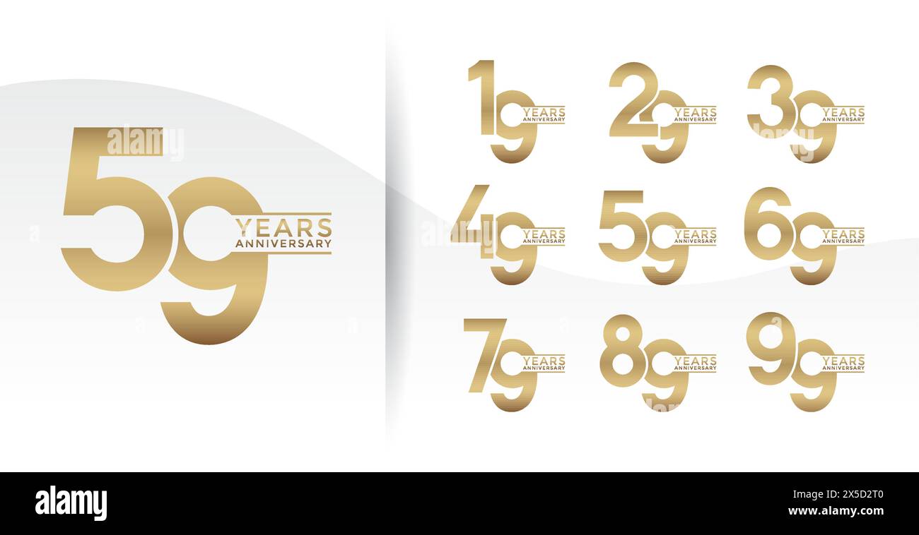 Set di logotipo Anniversary color oro con sfondo bianco per festeggiare Illustrazione Vettoriale