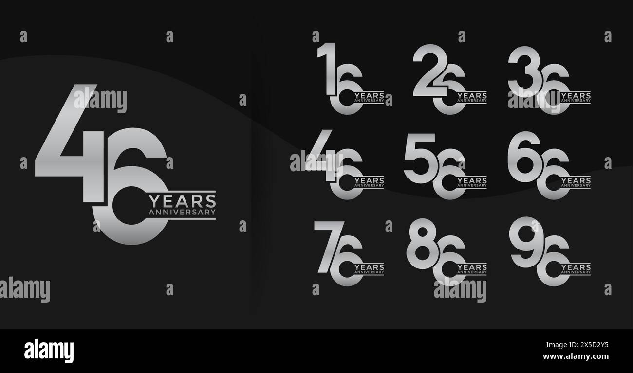 Set di logotipo Anniversary color argento con sfondo nero per festeggiare Illustrazione Vettoriale