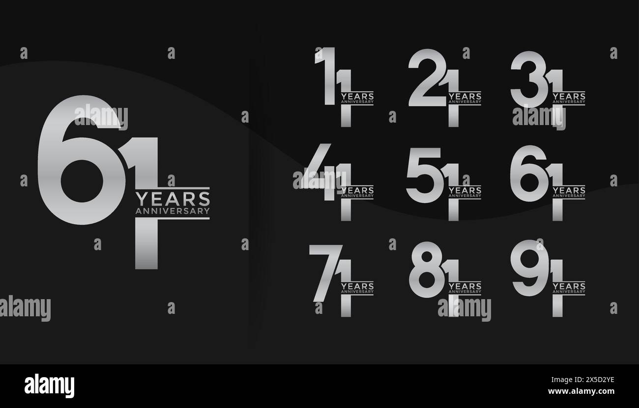 Set di logotipo Anniversary color argento con sfondo nero per festeggiare Illustrazione Vettoriale