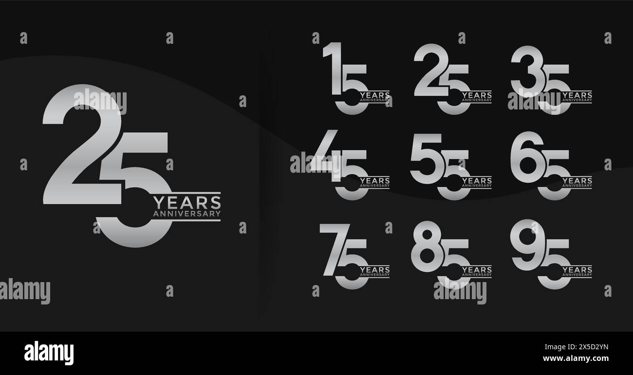 Set di logotipo Anniversary color argento con sfondo nero per festeggiare Illustrazione Vettoriale