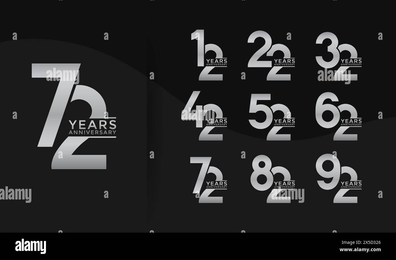 Set di logotipo Anniversary color argento con sfondo nero per festeggiare Illustrazione Vettoriale