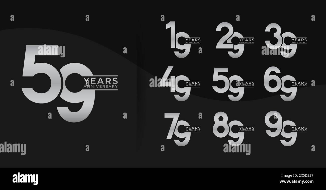 Set di logotipo Anniversary color argento con sfondo nero per festeggiare Illustrazione Vettoriale
