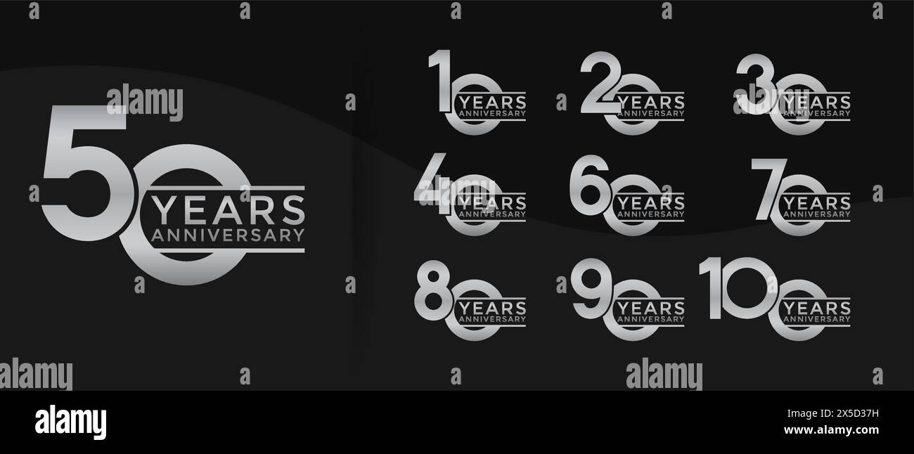 Set di logotipo Anniversary color argento con sfondo nero per festeggiare Illustrazione Vettoriale