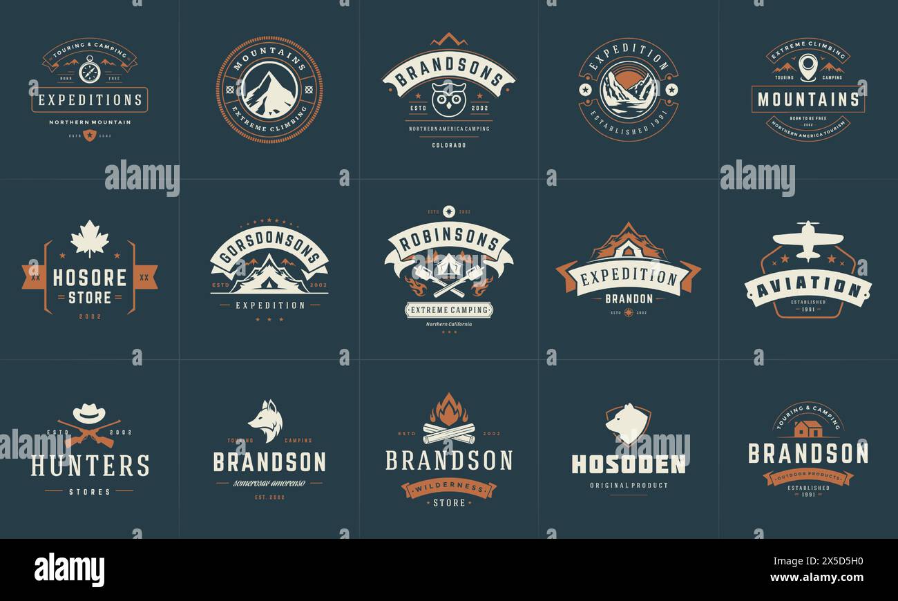 Modelli di logo e badge da campeggio elementi di design vettoriali e silhouette. Avventura all'aperto, montagne e campi forestali emblemi in stile vintage e l Illustrazione Vettoriale