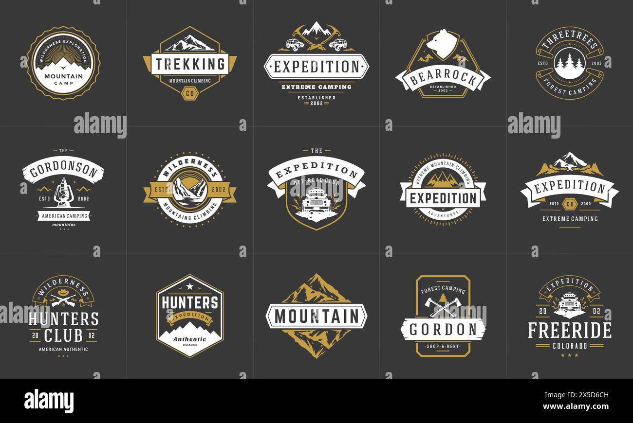 Modelli di logo e badge da campeggio elementi di design vettoriali e silhouette. Avventura all'aperto, montagne e campi forestali emblemi in stile vintage e l Illustrazione Vettoriale