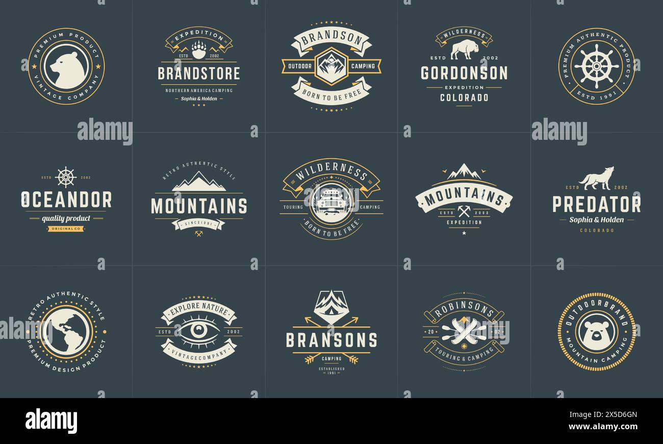 Modelli di logo e badge da campeggio elementi di design vettoriali e silhouette. Avventura all'aperto, montagne e campi forestali emblemi in stile vintage e l Illustrazione Vettoriale