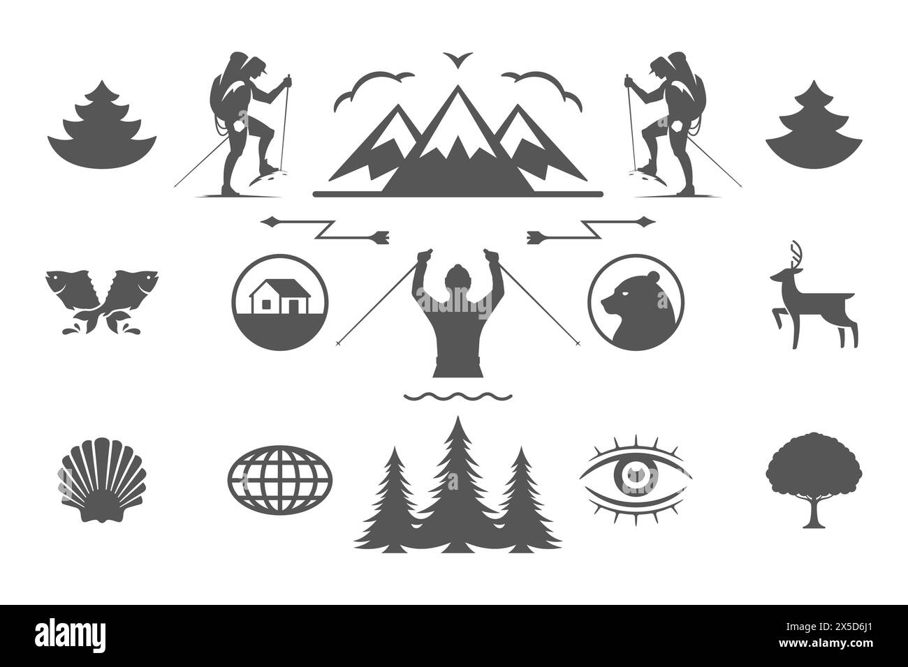 Gli elementi di design e le icone delle avventure all'aperto e del campeggio creano un'illustrazione vettoriale. Montagne, animali selvatici e altro. Ottimo per magliette, tazze, saluti Illustrazione Vettoriale