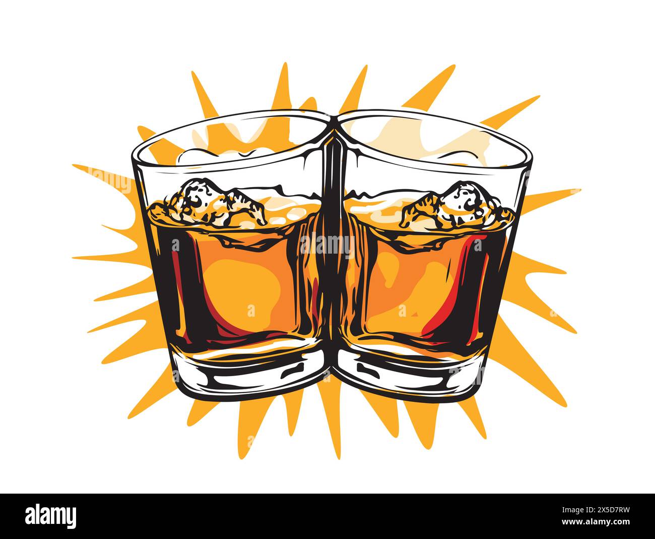 Bicchieri da cinturino insieme al whiskey. Stile disegnato a mano. Design di bevande alcoliche. Illustrazione vettoriale Illustrazione Vettoriale