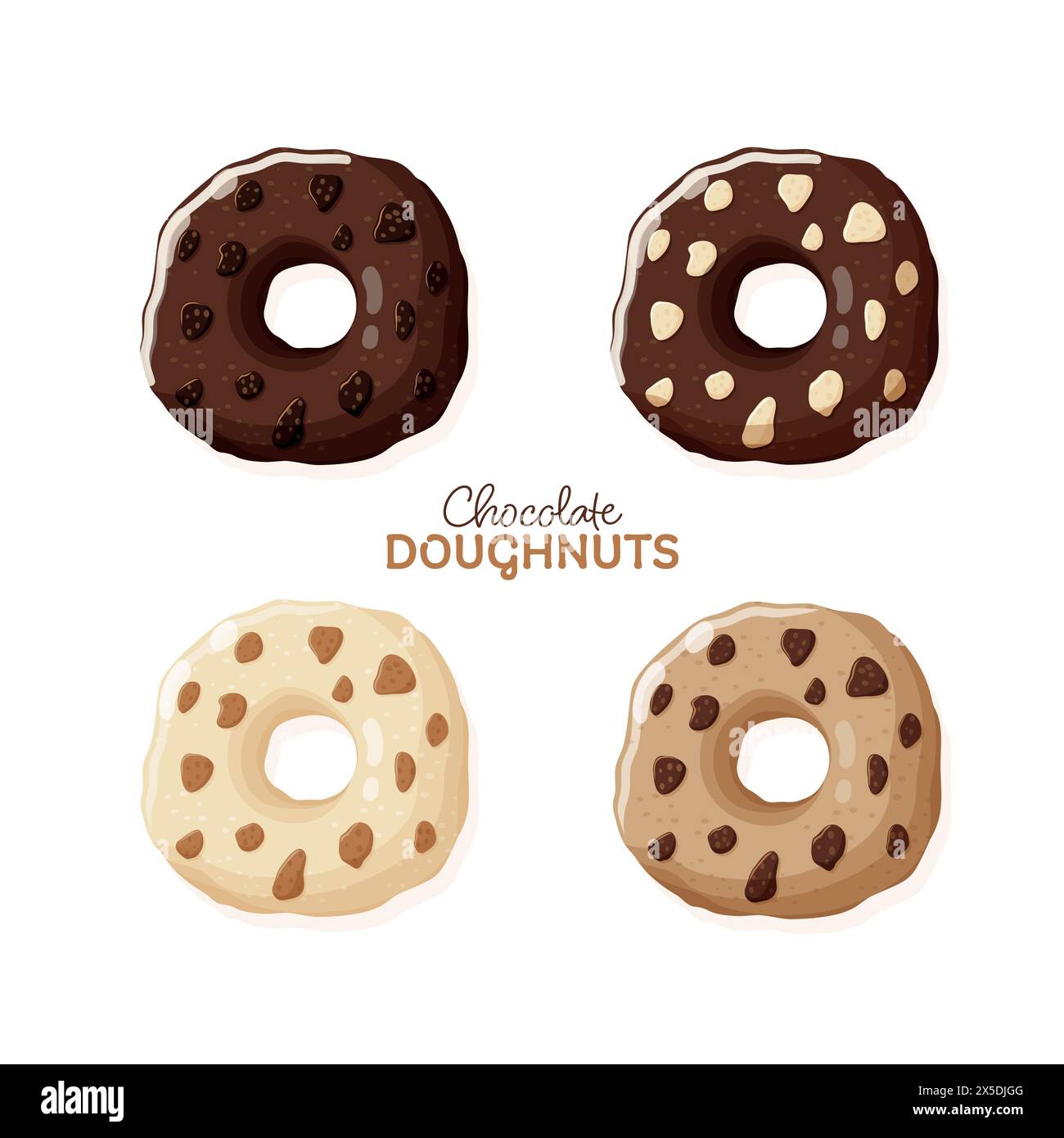 Set di ciambelle al cioccolato. Dolce dolce. Illustrazione vettoriale isolata Illustrazione Vettoriale