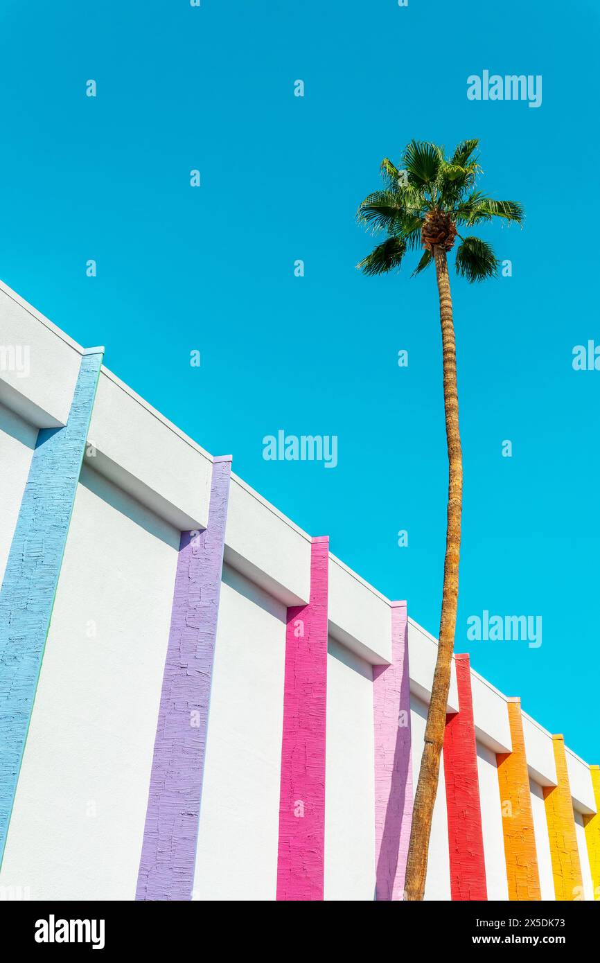Hotel Saguaro, palme e colorata architettura minimale a Palm Springs, California Foto Stock