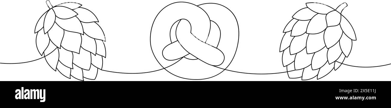 Bagel, coni di luppolo disegno continuo di una linea. Illustrazione continua di una riga dei prodotti da pub della birra. Illustrazione lineare vettoriale. Illustrazione Vettoriale