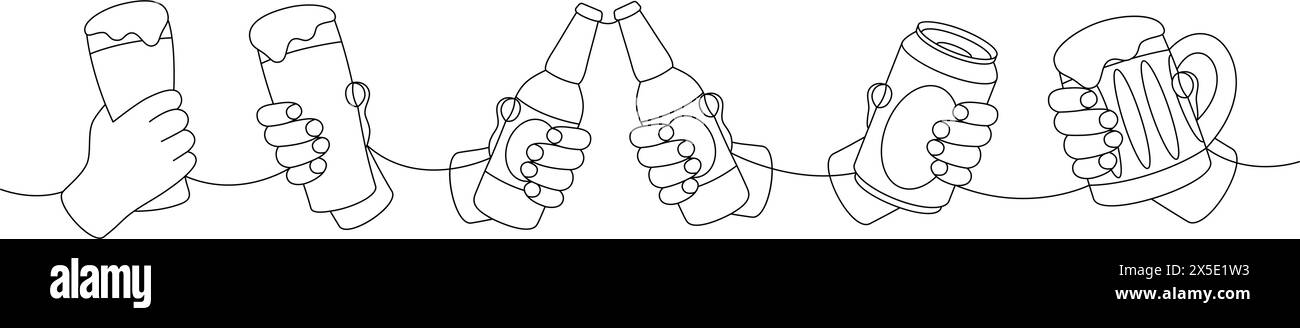 Mani che reggono una tazza di birra una linea di disegno continuo. Illustrazione continua di una riga dei prodotti da pub della birra. Illustrazione lineare vettoriale. Illustrazione Vettoriale