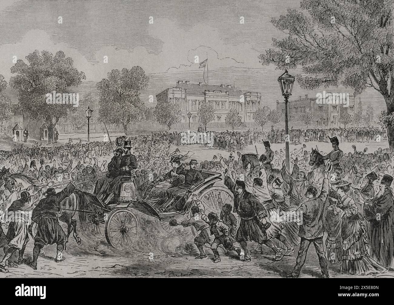 Milano i (1854-1901). Principe di Serbia, come Milano IV (1868-1882). Re di Serbia come Milano i (1882-1889). Ingresso del Principe Milano IV a Belgrado. Incisione. "La Guerra de Oriente" (la guerra russo-turca). Volume I. 1877. Foto Stock