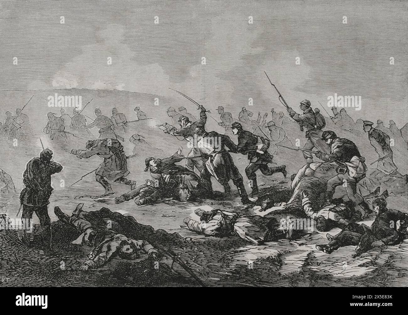 Guerra russo-turca (1877-1878). Le truppe russe, guidate dal maggior generale Belokopytof, combatterono contro l'esercito ottomano di Osman Pasha (1832-1900). Attacco contro la ridotta di Grivitsa, 11 settembre 1877. Incisione. "La Guerra de Oriente". Volume I. 1877. Foto Stock