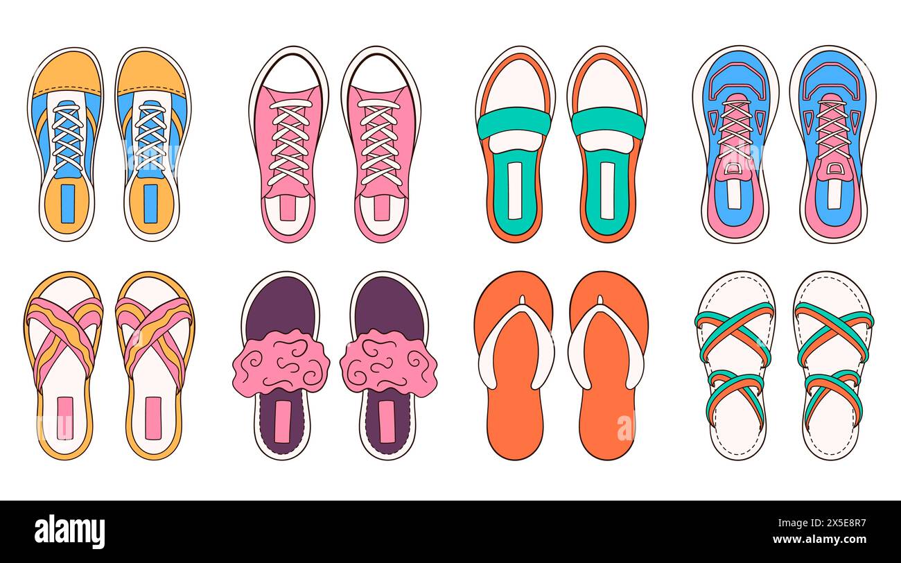 Collezione di scarpe femminili in stile cartoni animati. Set di scarpe, sneaker e stivali eleganti. Pacchetto di calzature casual da donna. Illustrazione vettoriale isolata su A. Illustrazione Vettoriale
