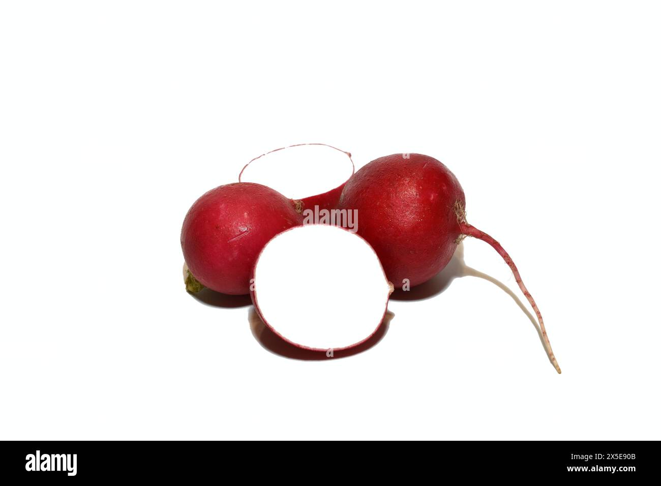 Diversi frutti di ravanello rossi su sfondo bianco. Foto Stock