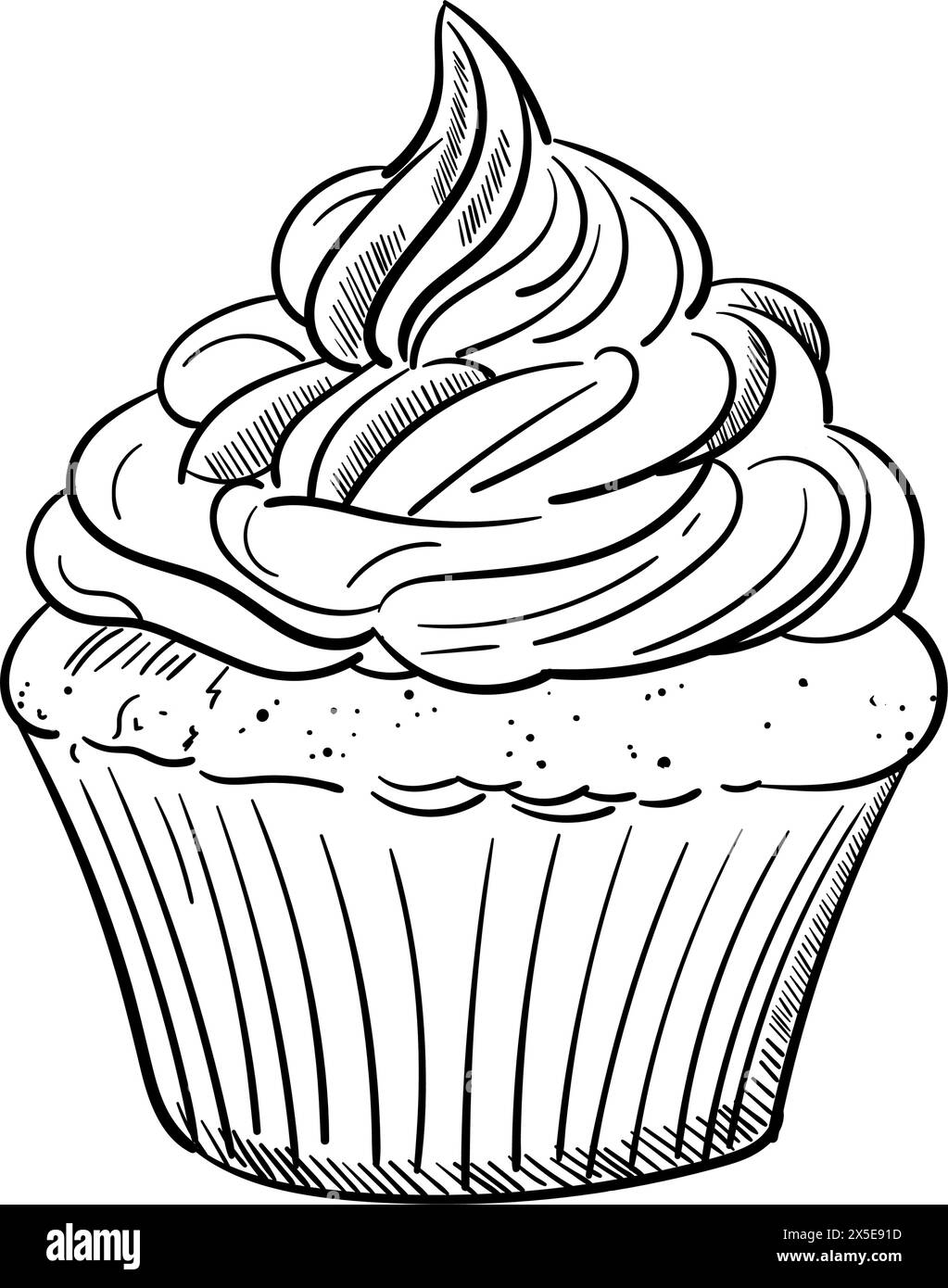 Schizzo di muffin cremoso. Torta Doodle. Disegnato a mano. Illustrazione di contorno. Per menu', caffe', ristorante, design di imballaggio. Illustrazione Vettoriale