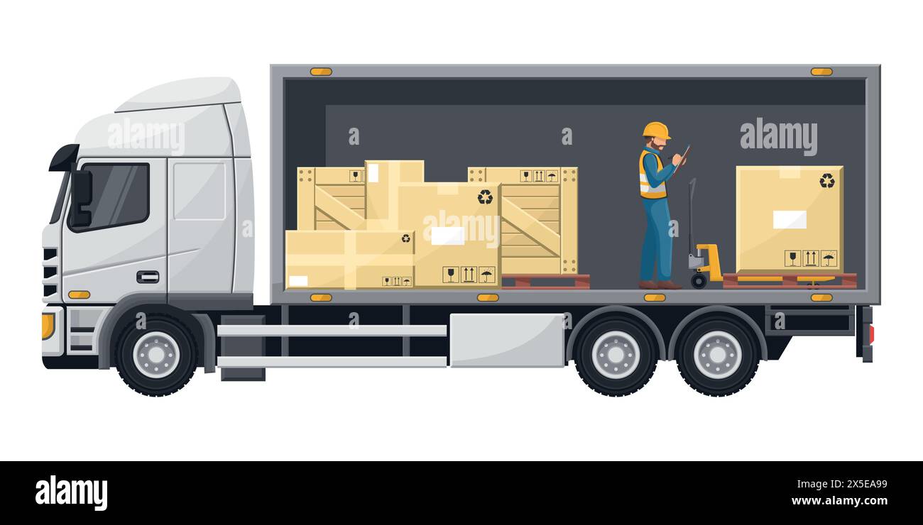 Lavoratore che fa l'inventario. Autocarro isotermico, refrigerato e a caldo per una temperatura controllata nella catena del freddo per il trasporto, lo stoccaggio e il p Illustrazione Vettoriale