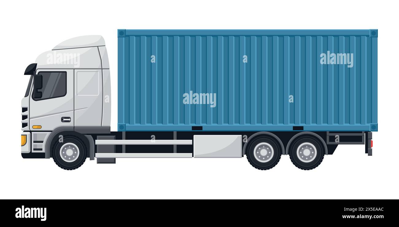 Camion container blu per l'esportazione e il trasporto di merci. Logistica di carico e spedizione. Stoccaggio industriale e distribuzione di prodotti Illustrazione Vettoriale