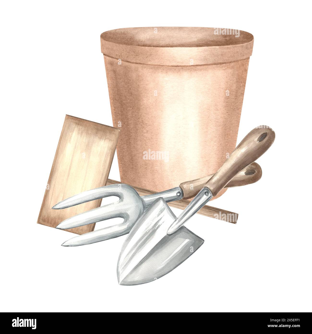 Vaso di fiori con cazzuola, rastrello e cartello. Attrezzi e forniture per il giardinaggio. Illustrazione ad acquerello disegnata a mano, composizione isolata. Attrezzature per la coltivazione di h Foto Stock