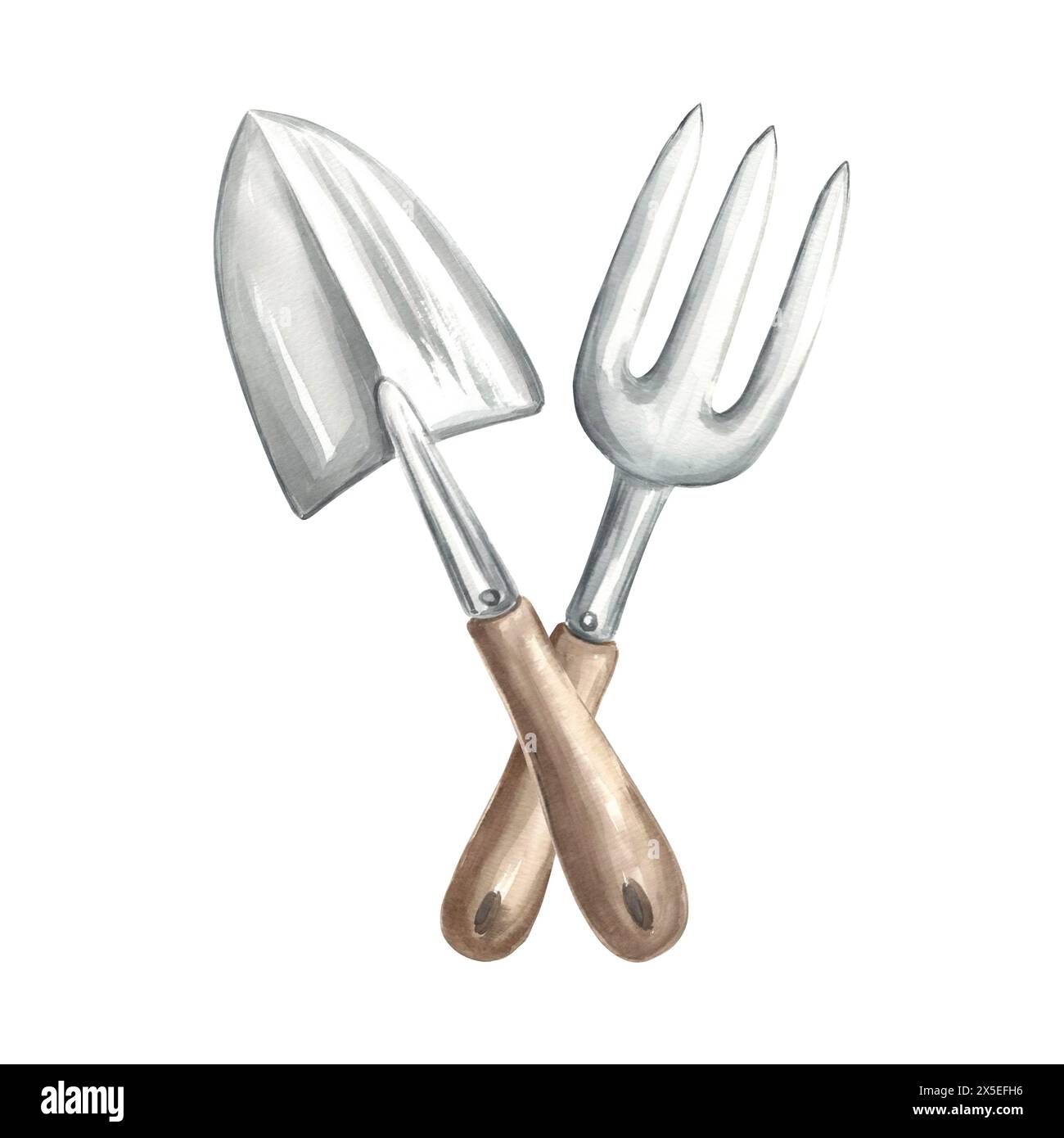 Cazzuola e rastrello. Attrezzi e forniture per il giardinaggio. Illustrazione ad acquerello disegnata a mano, composizione isolata per coltivare terreni, coltivare. Attrezzature per g Foto Stock