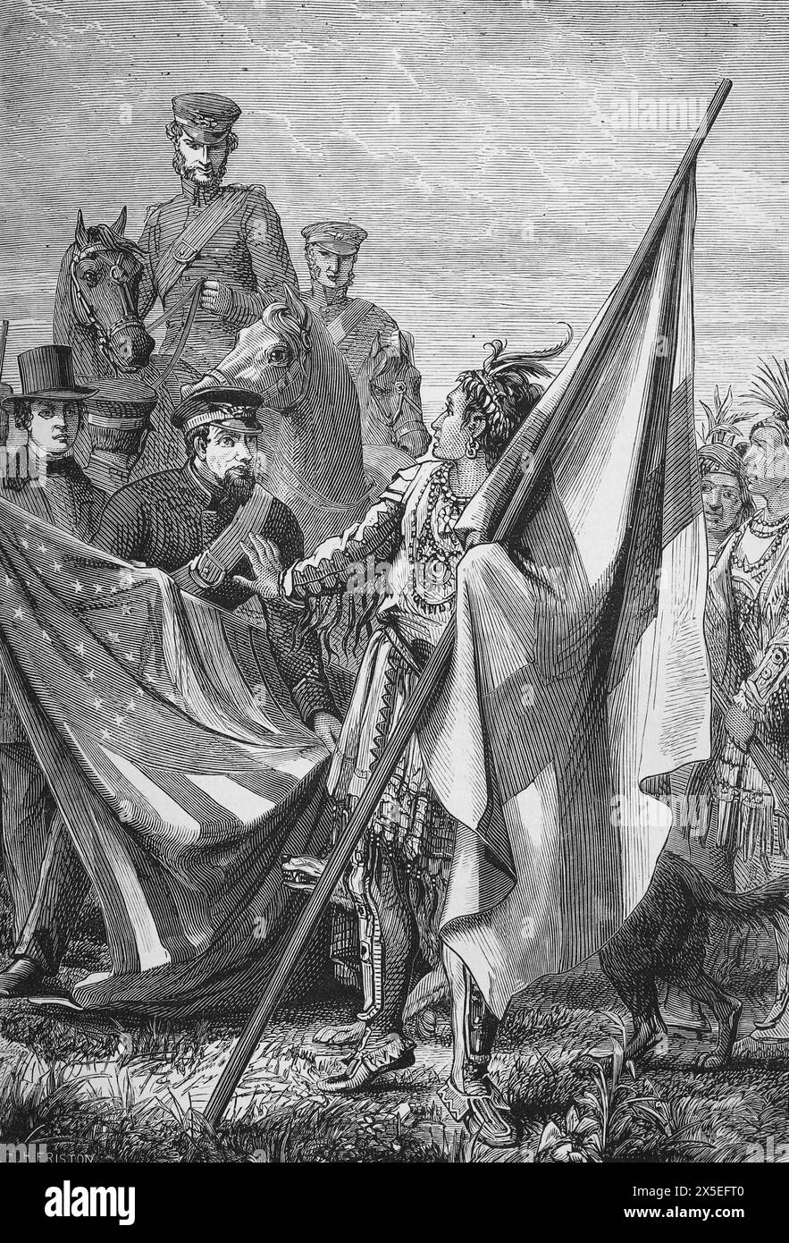 Il maggiore Sprague e gli indiani. Illustrazione tratta dalla storia dell'Inghilterra di Cassell, vol VII. New Edition pubblicato Circ 1873-5. Foto Stock