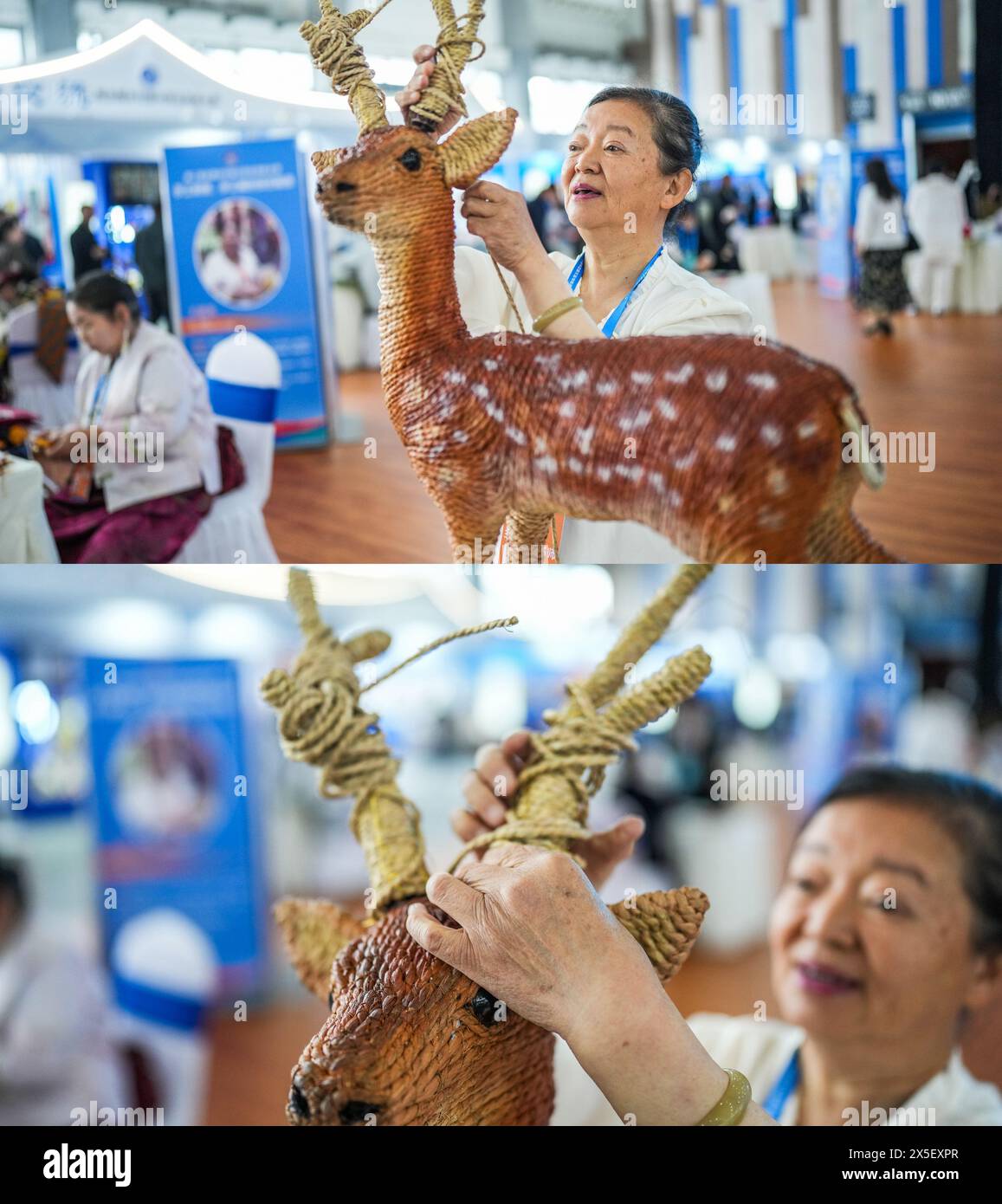 Guiyang, la provincia cinese di Guizhou. 8 maggio 2024. Questa foto combinata mostra Sun Yaqing che realizza un prodotto di tessitura a Guiyang, nella provincia di Guizhou, nel sud-ovest della Cina, 8 maggio 2024. Durante un concorso nazionale di competenze professionali tenutosi di recente a Guiyang, 52 artigiani provenienti da tutto il paese si riuniscono per portare diversi oggetti d'artigianato al pubblico. Crediti: Tao Liang/Xinhua/Alamy Live News Foto Stock