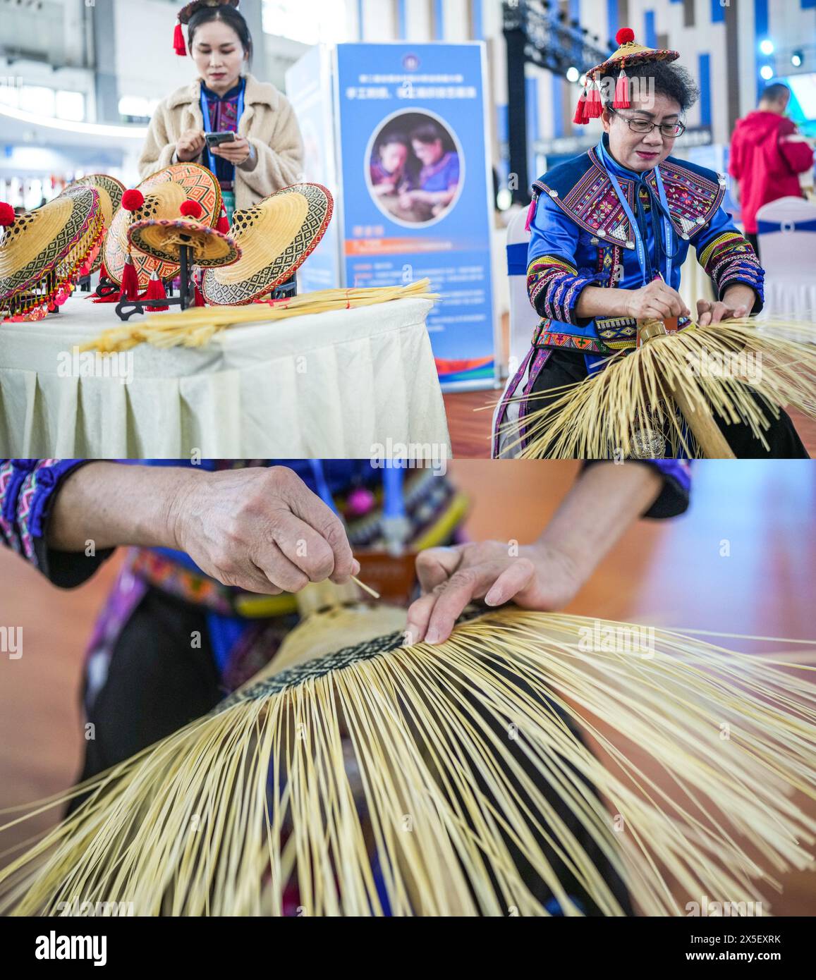Guiyang, la provincia cinese di Guizhou. 8 maggio 2024. Questa foto combinata mostra Tan Sujuan che produce un prodotto di tessitura a Guiyang, nella provincia di Guizhou, nella Cina sud-occidentale, 8 maggio 2024. Durante un concorso nazionale di competenze professionali tenutosi di recente a Guiyang, 52 artigiani provenienti da tutto il paese si riuniscono per portare diversi oggetti d'artigianato al pubblico. Crediti: Tao Liang/Xinhua/Alamy Live News Foto Stock
