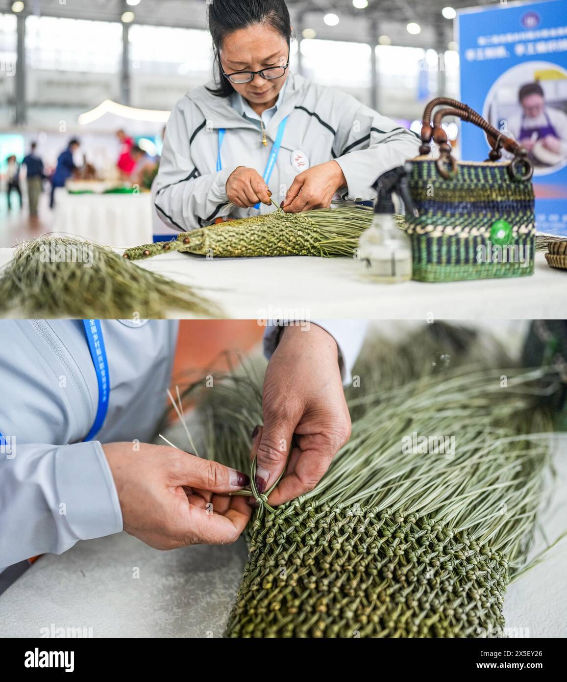Guiyang, la provincia cinese di Guizhou. 8 maggio 2024. Questa foto combinata mostra Qu Xiujie che realizza un prodotto di tessitura a Guiyang, nella provincia di Guizhou, nel sud-ovest della Cina, 8 maggio 2024. Durante un concorso nazionale di competenze professionali tenutosi di recente a Guiyang, 52 artigiani provenienti da tutto il paese si riuniscono per portare diversi oggetti d'artigianato al pubblico. Crediti: Tao Liang/Xinhua/Alamy Live News Foto Stock