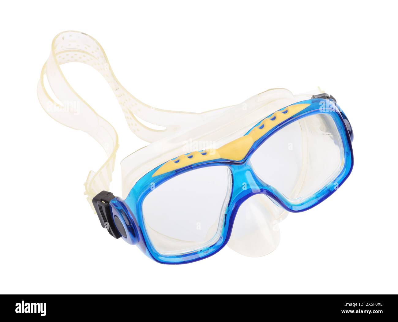 Maschera subacquea blu isolata su bianco. Attrezzature sportive Foto Stock