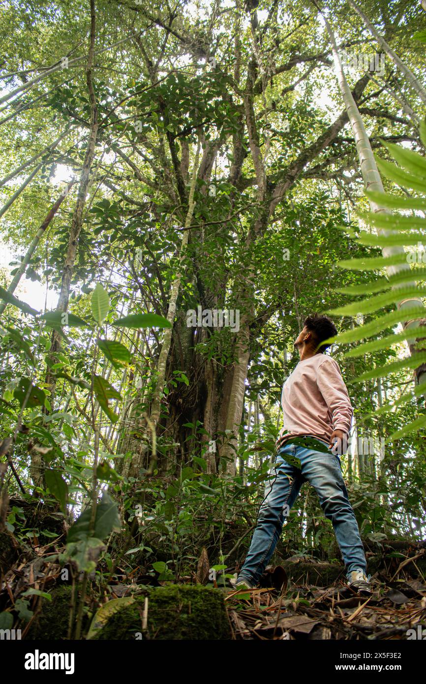 Un giovane latino cammina lungo una strada forestale di montagna Foto Stock