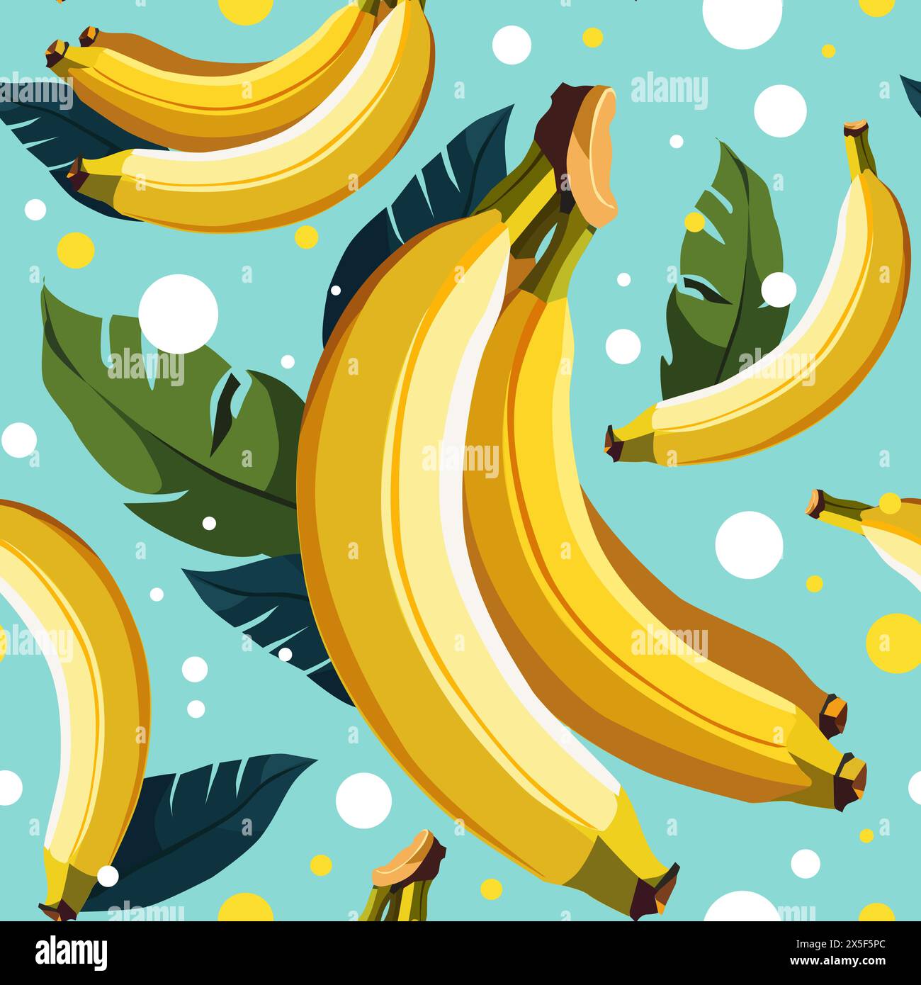 Motivo vettoriale senza cuciture con banane gialle e foglie verdi. Illustrazione isolata su sfondo blu. Design di frutta estiva per tessuti, tessuti, letti Illustrazione Vettoriale