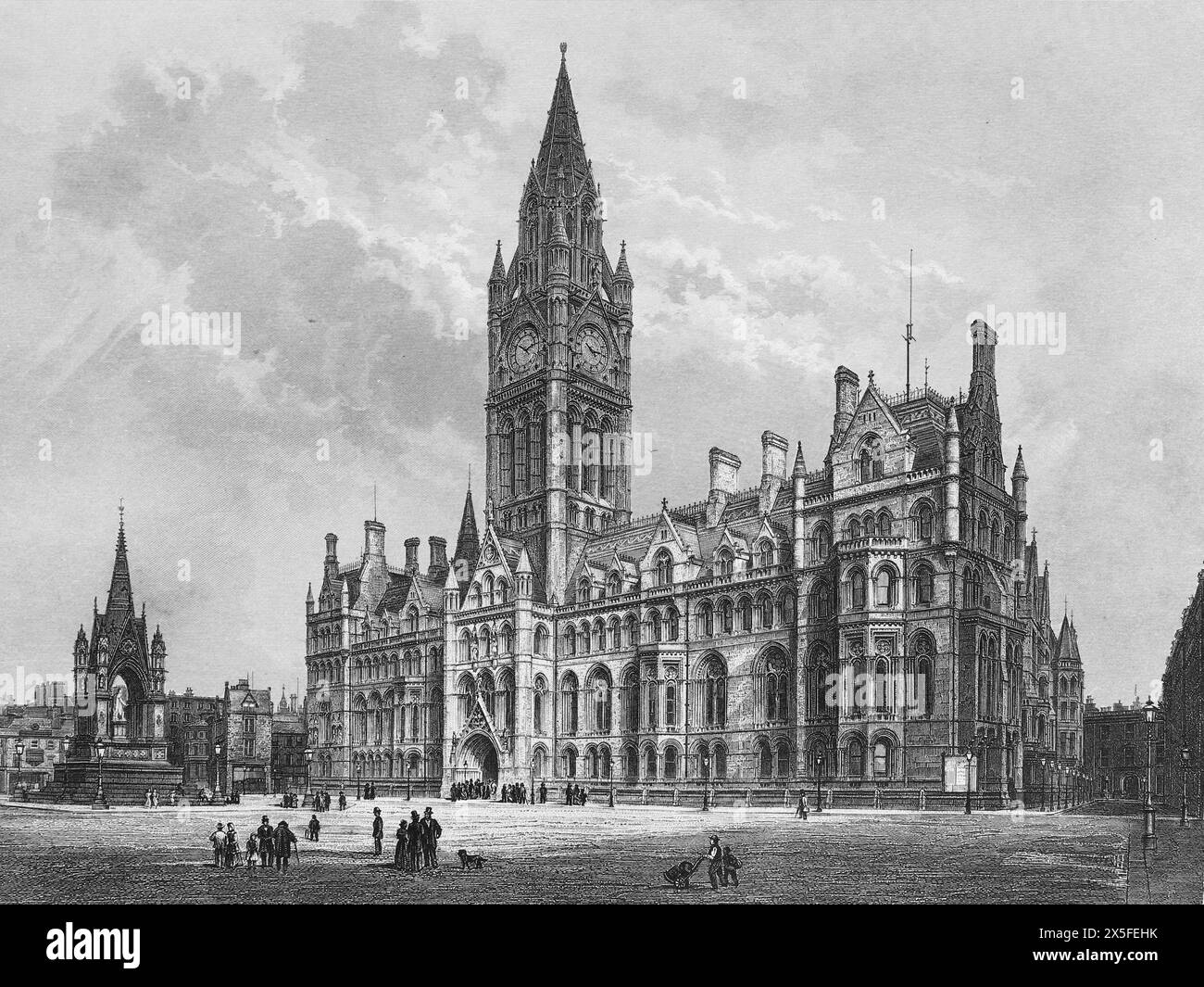 Il nuovo Municipio di Manchester. Progettato dall'architetto Alfred Waterhouse, il municipio fu completato nel 1877. Black and White Illustration from Our Own Country Vol III pubblicato da Cassell, Petter, Galpin & Co. Alla fine del XIX secolo. Foto Stock