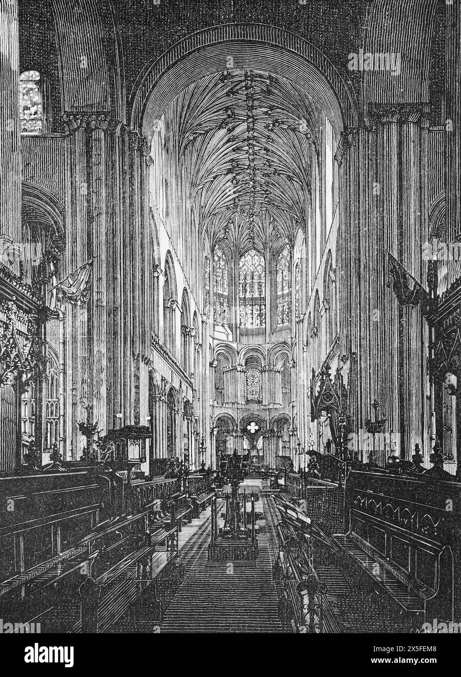 Cattedrale di Norwich nel XIX secolo. Il Coro che guarda a est. Black and White Illustration from Our Own Country Vol III pubblicato da Cassell, Petter, Galpin & Co. Alla fine del XIX secolo. Foto Stock