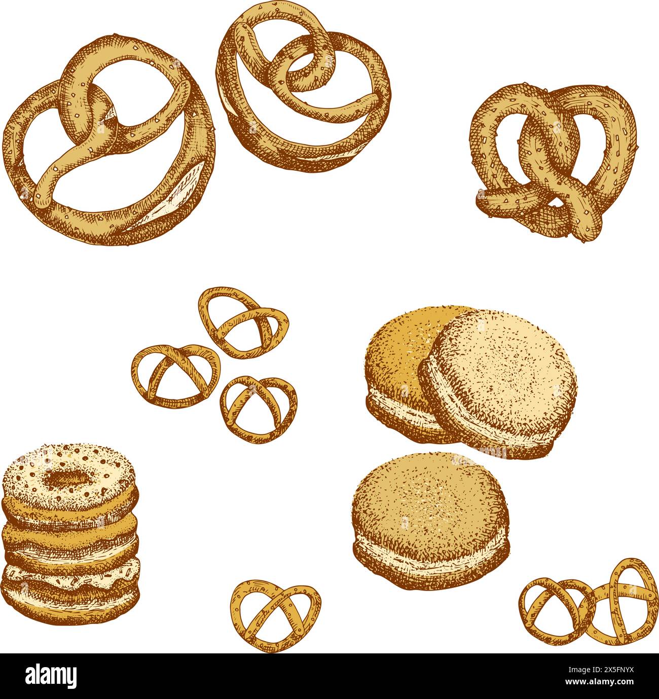 Gustoso pretzel, ciambella. Bozzetto Brezel disegnato a mano, incisione, inchiostro art. Cibo tedesco. Design per un menu da caffetteria e ristorante. Poster dell'Octoberfest, emblema del banner Illustrazione Vettoriale