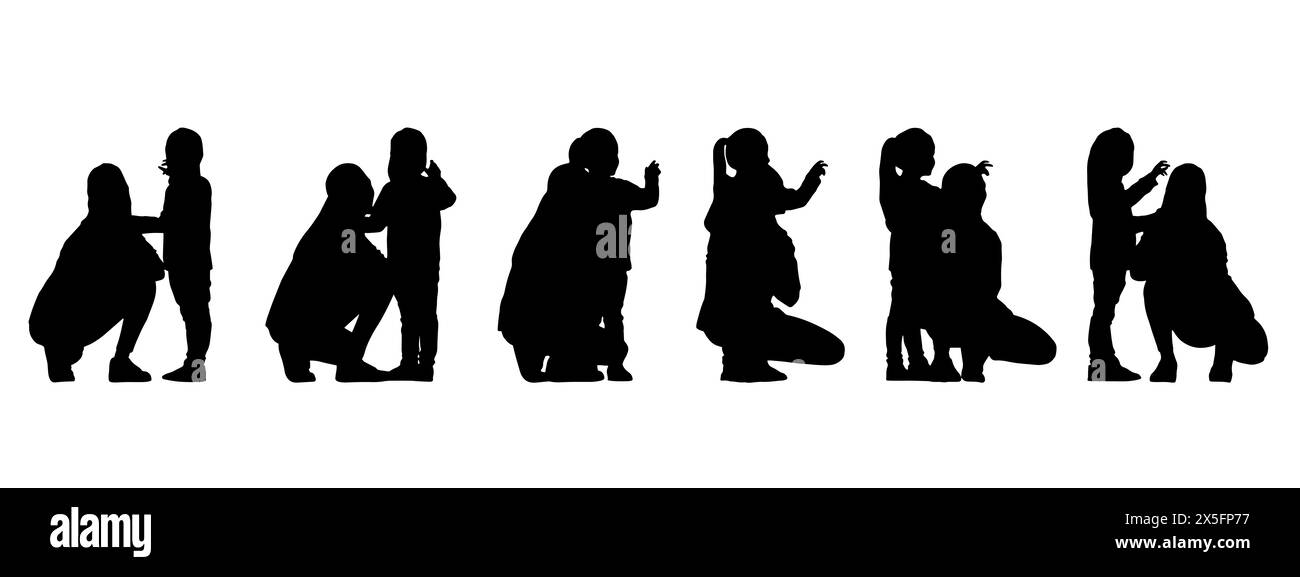 Concept silhouette nera concettuale di una madre che parla con sua figlia da diverse prospettive isolata. Foto Stock