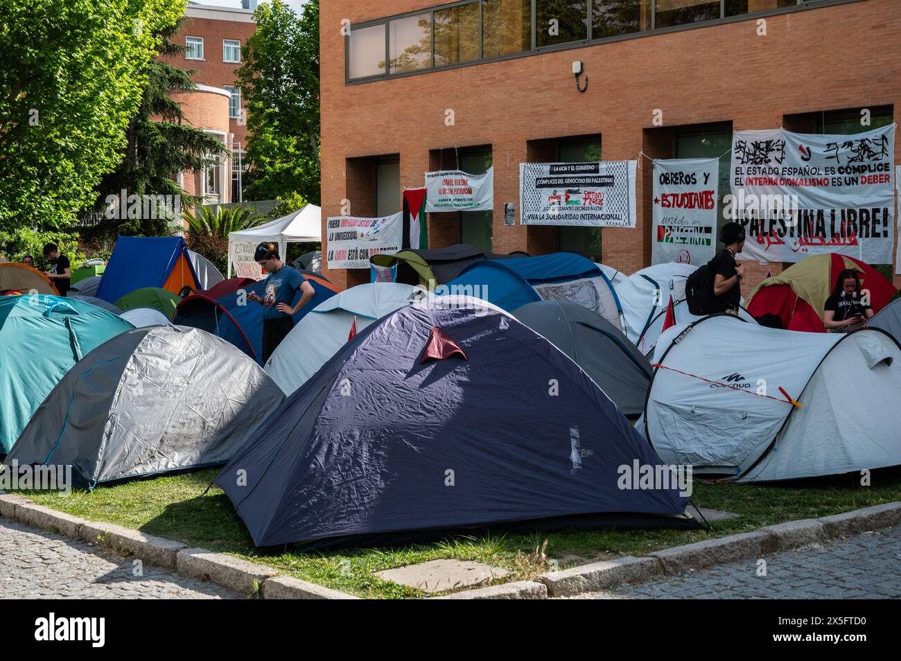 Madrid, Spagna. 9 maggio 2024. Gli studenti della Complutense University si accamparono con tende per protestare contro gli attacchi israeliani nella Striscia di Gaza e chiedere un cessate il fuoco permanente e sostenere la popolazione palestinese. Crediti: Marcos del Mazo/Alamy Live News Foto Stock