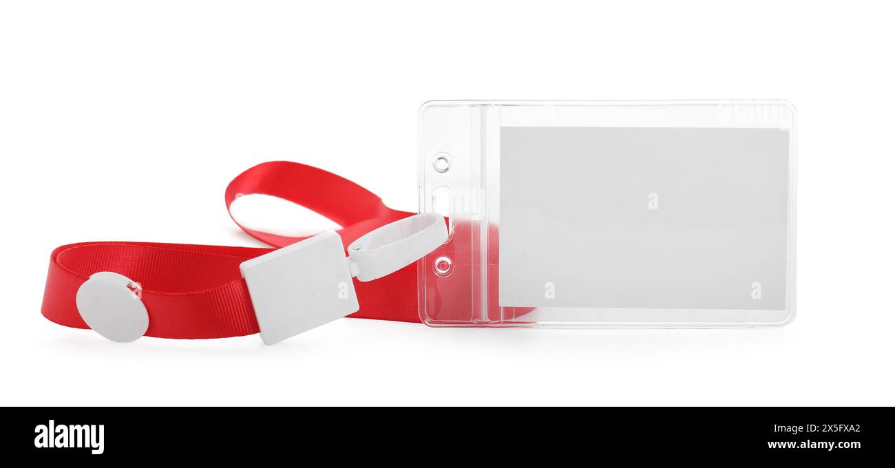 Badge vuoto con stringa rossa isolata su bianco Foto Stock