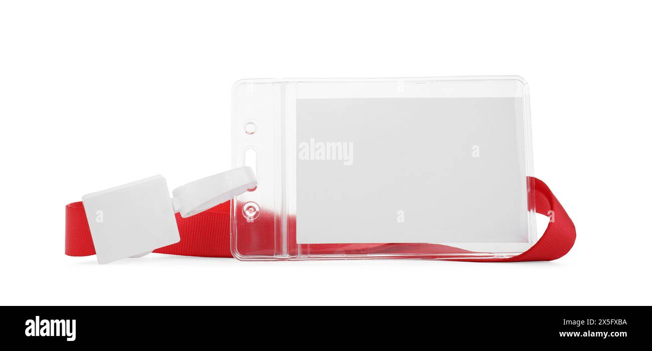 Badge vuoto con stringa rossa isolata su bianco Foto Stock