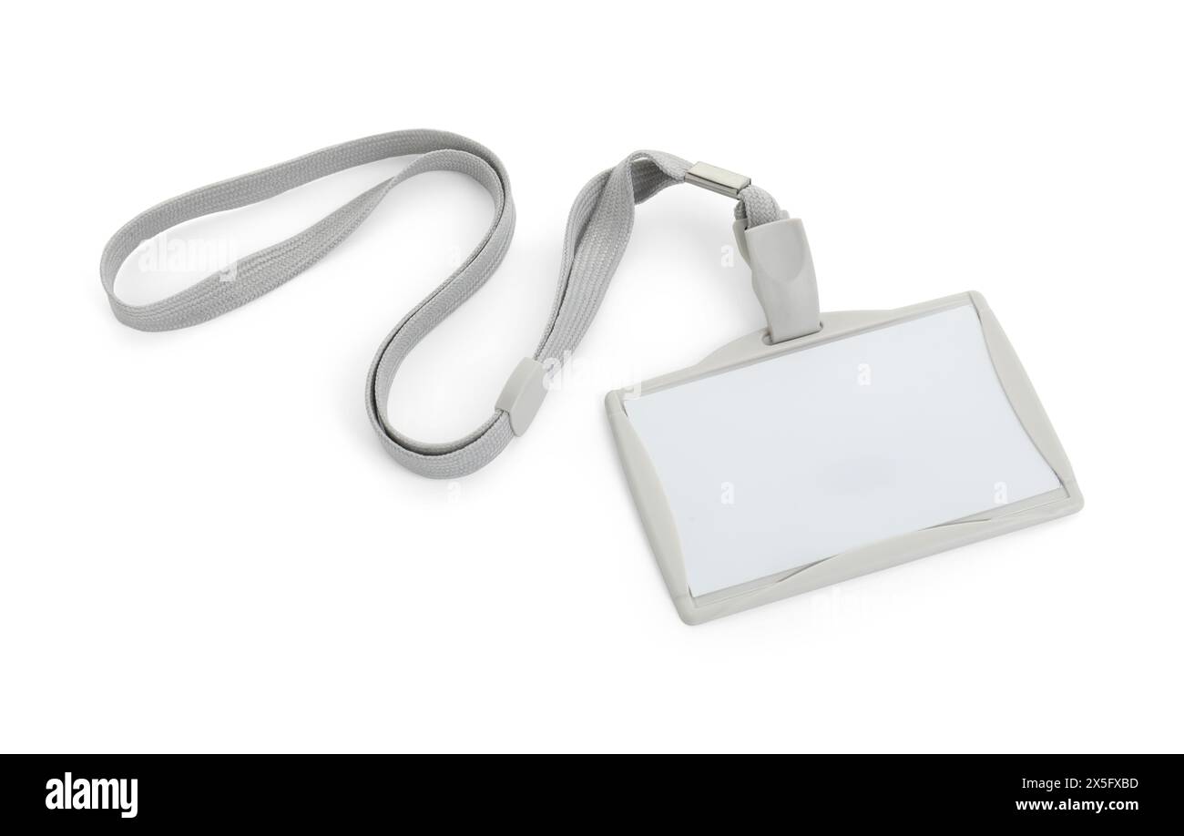 Badge vuoto con stringa grigia isolata su bianco Foto Stock