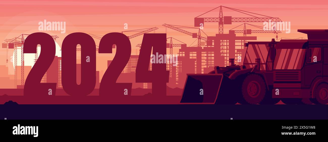 Tramonto in una città in costruzione con l'anno 2024 con dumper e caricatore frontale sullo sfondo panoramico. Festeggiamo l'inizio di un happ Illustrazione Vettoriale