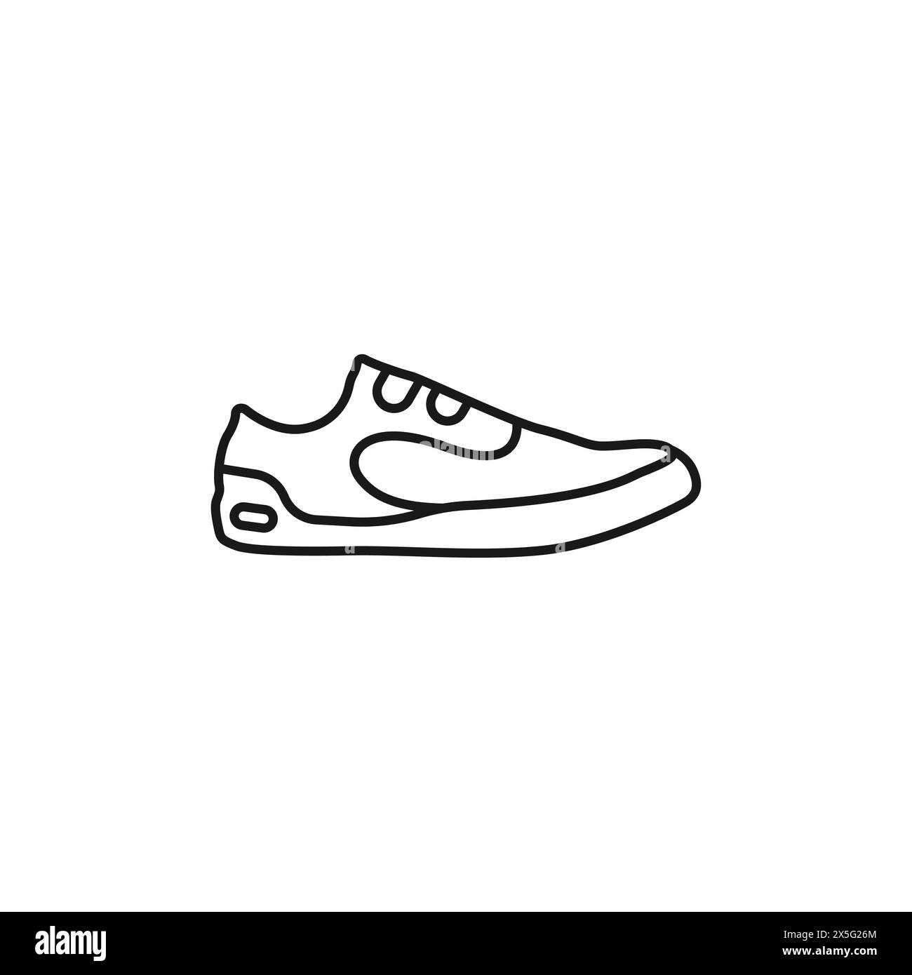 Scarpe eleganti con logo, linea nera. Vettore di conversione dello sport. Simbolo contorno corrente. Icona sneaker su sfondo bianco. Illustrazione vettoriale. Illustrazione Vettoriale