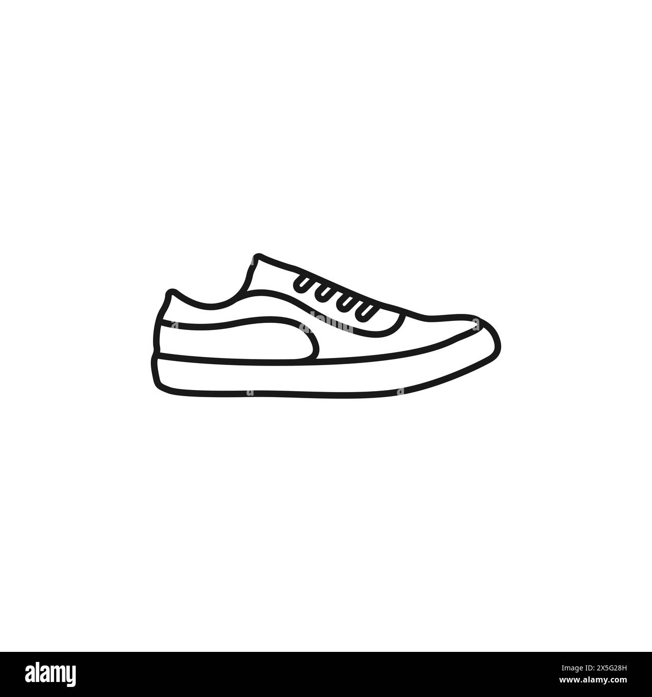 Scarpe eleganti con logo, linea nera. Vettore di conversione dello sport. Simbolo contorno corrente. Icona sneaker su sfondo bianco. Illustrazione vettoriale. Illustrazione Vettoriale