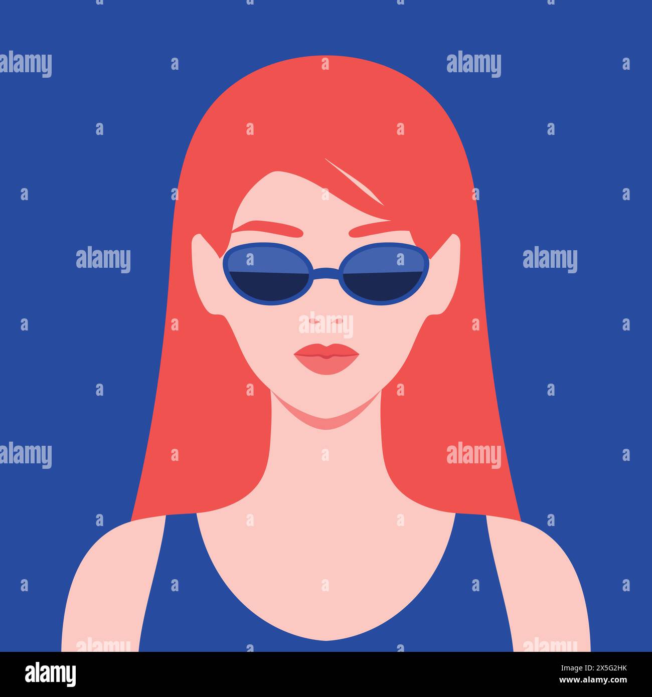 Giovane donna rossa che indossa occhiali da sole. Ritratto o avatar di una giovane donna con i capelli rossi in occhiali da sole. Illustrazione vettoriale Illustrazione Vettoriale