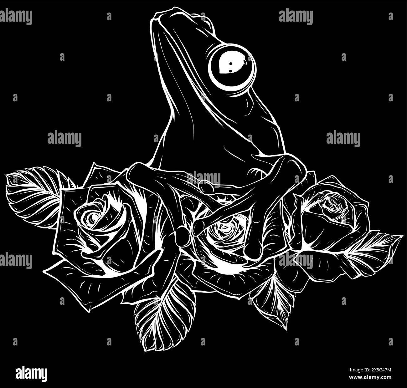 silhouette bianca di rana sulle rose con disegno vettoriale delle foglie su sfondo nero Illustrazione Vettoriale