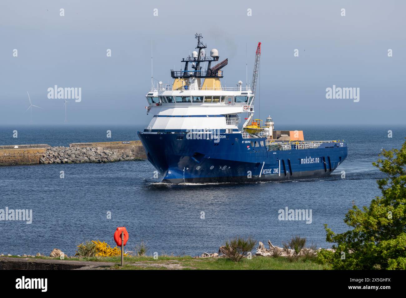 8 maggio 2024. Aberdeen, Scozia. Questa è la nave di rifornimento offshore, Stril Odin, che arriva al porto di Aberdeen in una giornata di sole. Foto Stock