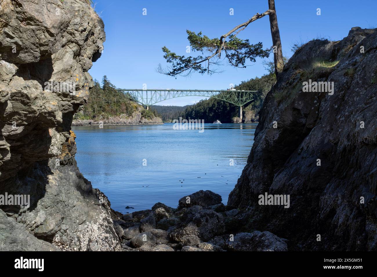 WA24837-00....WASHINGTON - Decption Pass e ponte visti da Fidalgo Island, Lottie Point, Deception Pass State Park. Foto Stock