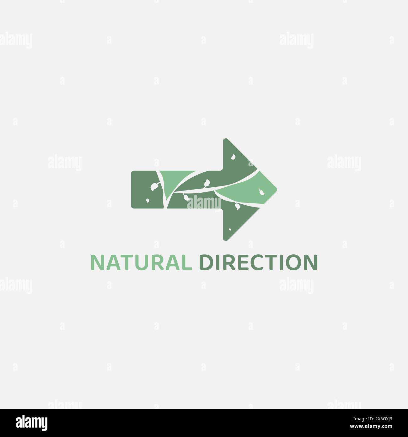 Logo con freccia rivolta a destra e motivo botanico. Illustrazione Vettoriale